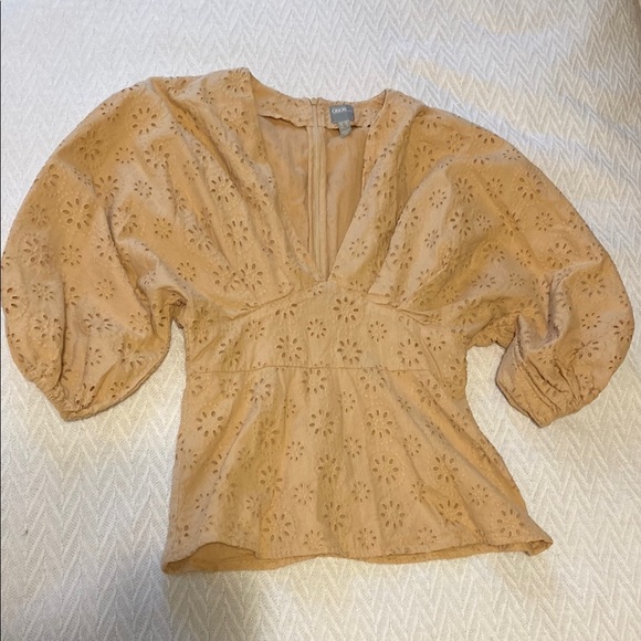 ASOS Tan Floral Eyelet Blouse with Balloon Sleeves and Empire Waist Boho Peasant - Picture 1 of 14